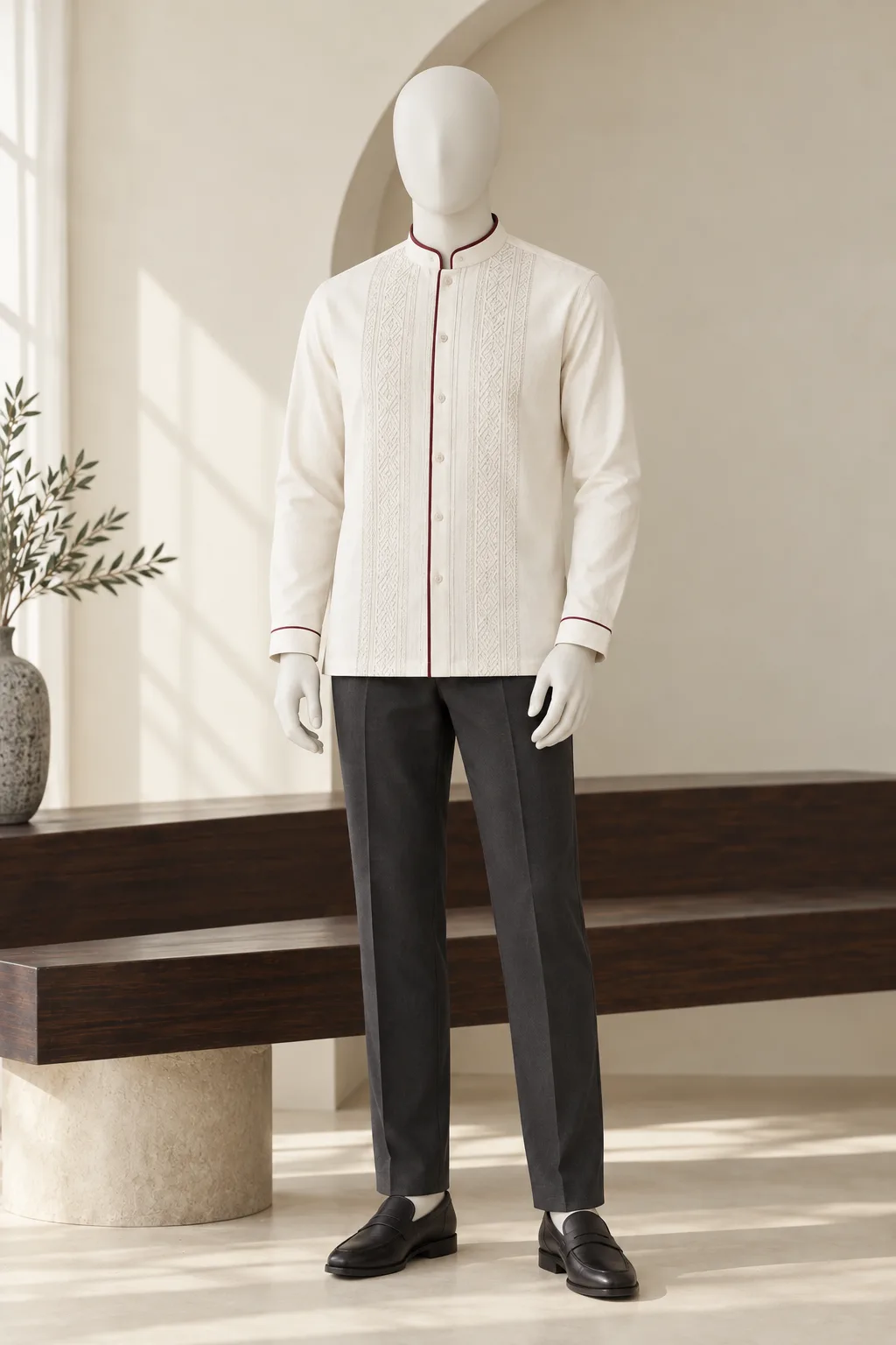 Manekin tunggal mengenakan baju koko ivory dengan detail burgundy