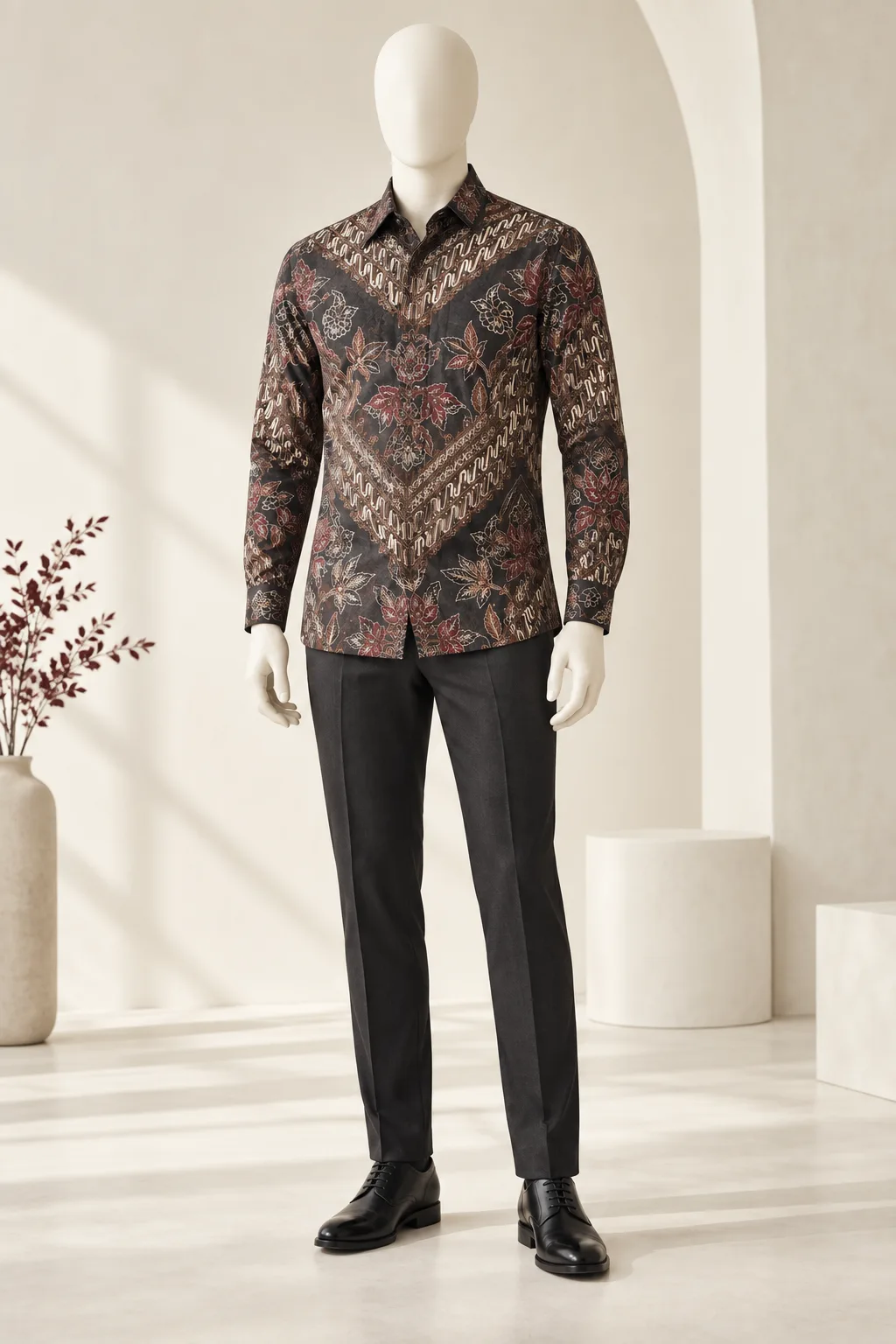 Manekin tunggal mengenakan kemeja batik charcoal, burgundy, dan warm brown