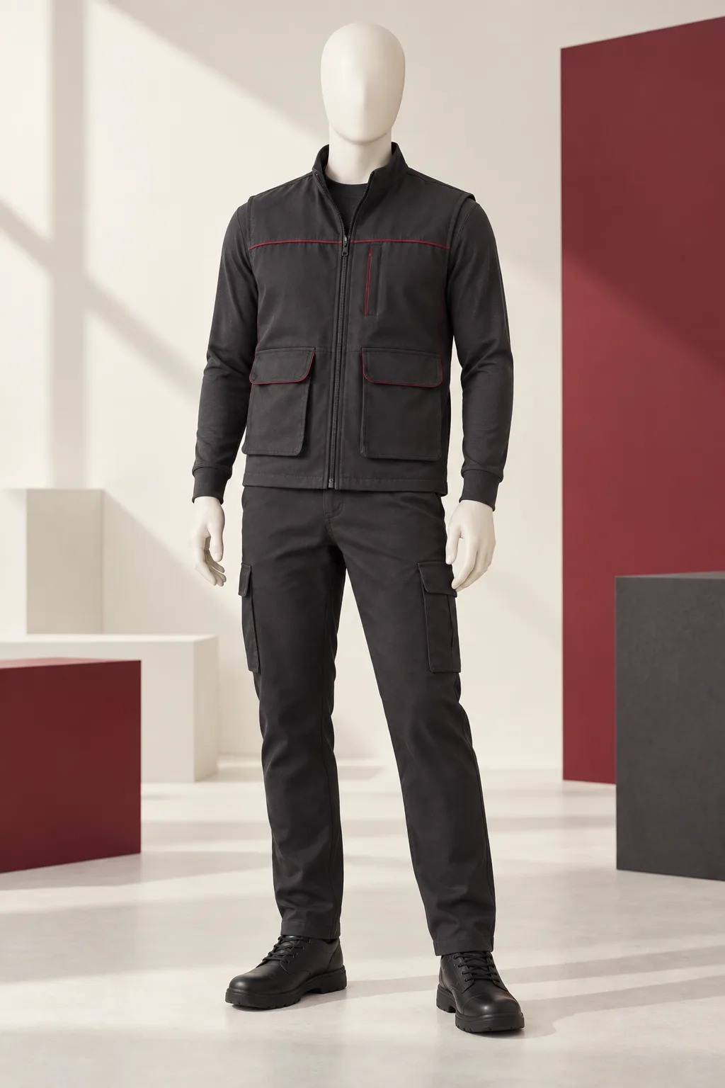 Manekin tunggal mengenakan rompi lapangan charcoal dengan detail burgundy